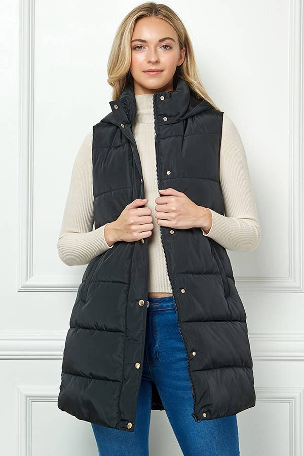 Longline Quilted Puffer Vest with Attached Hood: Black