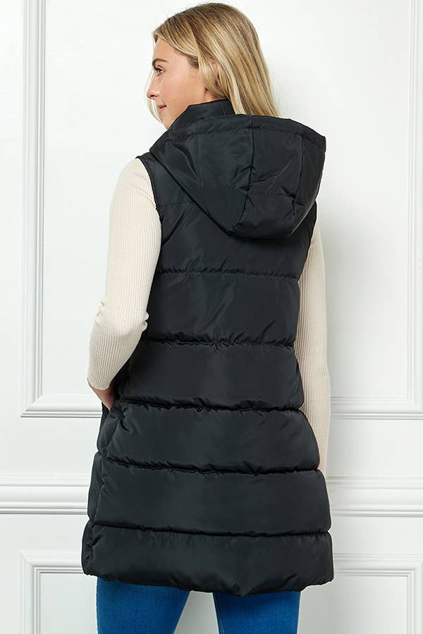 Longline Quilted Puffer Vest with Attached Hood: Black