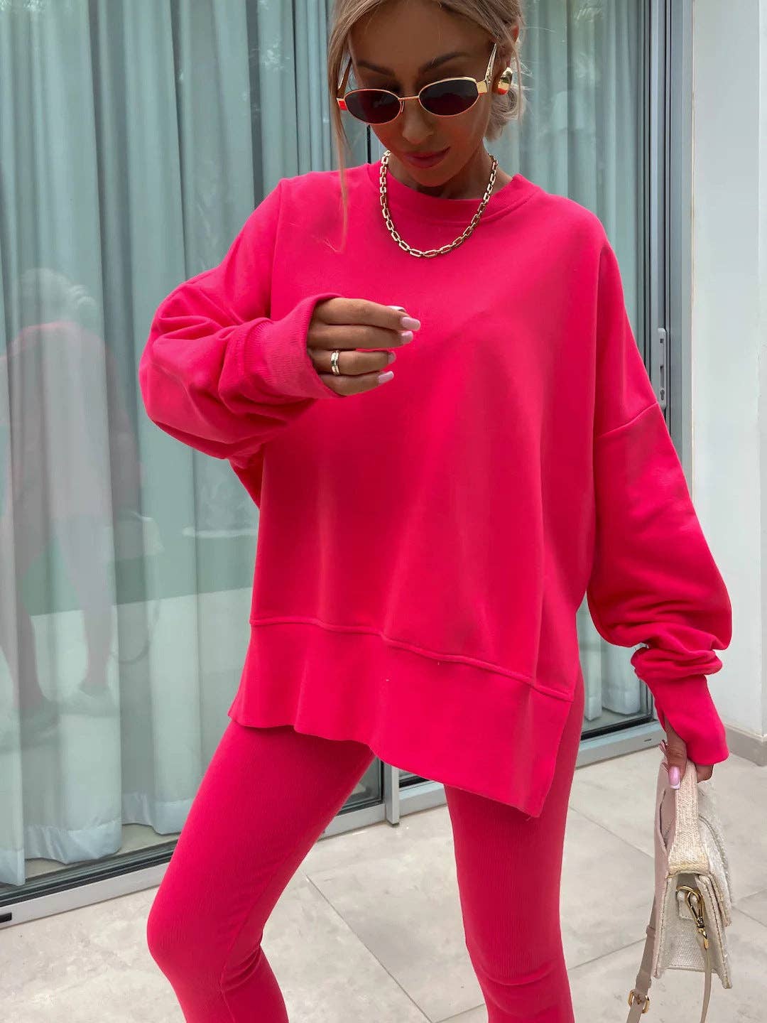 Oversized Sweatshirt and Leggings Two Piece Set: Blue / 100%Polyester / S
