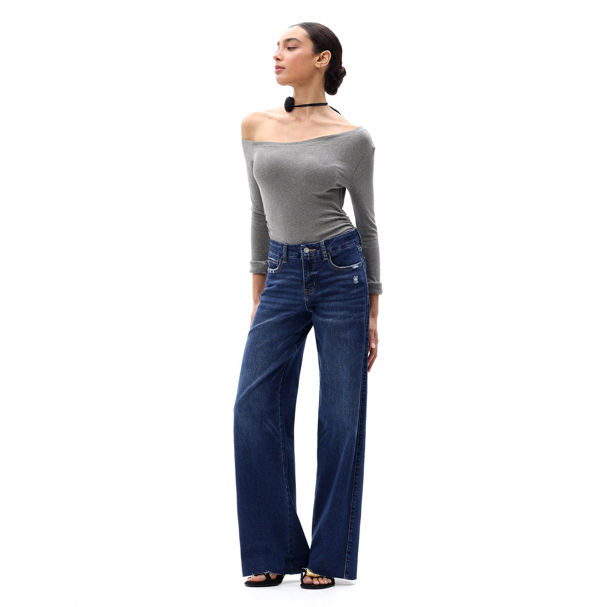 Mid Rise Wide Leg Jeans Raw Hem Vintage Distressed OSW8019: VINTAGE BLUE / 29