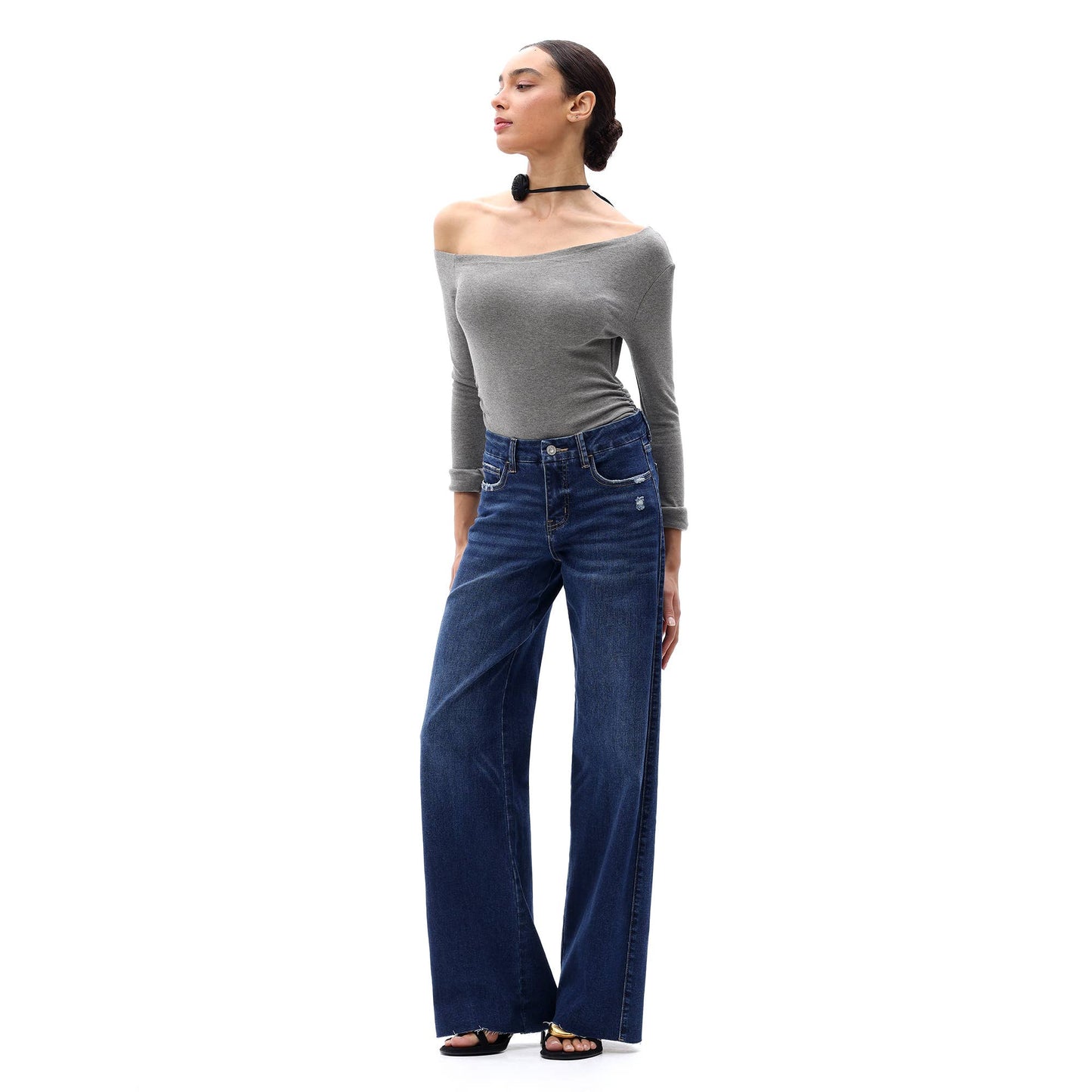 Mid Rise Wide Leg Jeans Raw Hem Vintage Distressed OSW8019: VINTAGE BLUE / 28