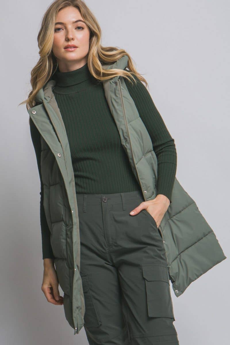 Hooded Long Quilted Puffer Vest: CAMEL / 2-2-2(S-M-L)