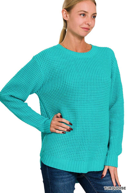 Hi-low Long Sleeve Round Neck Waffle Sweater: TURQUOISE / 1-1-1-1 (S-M-L-XL)