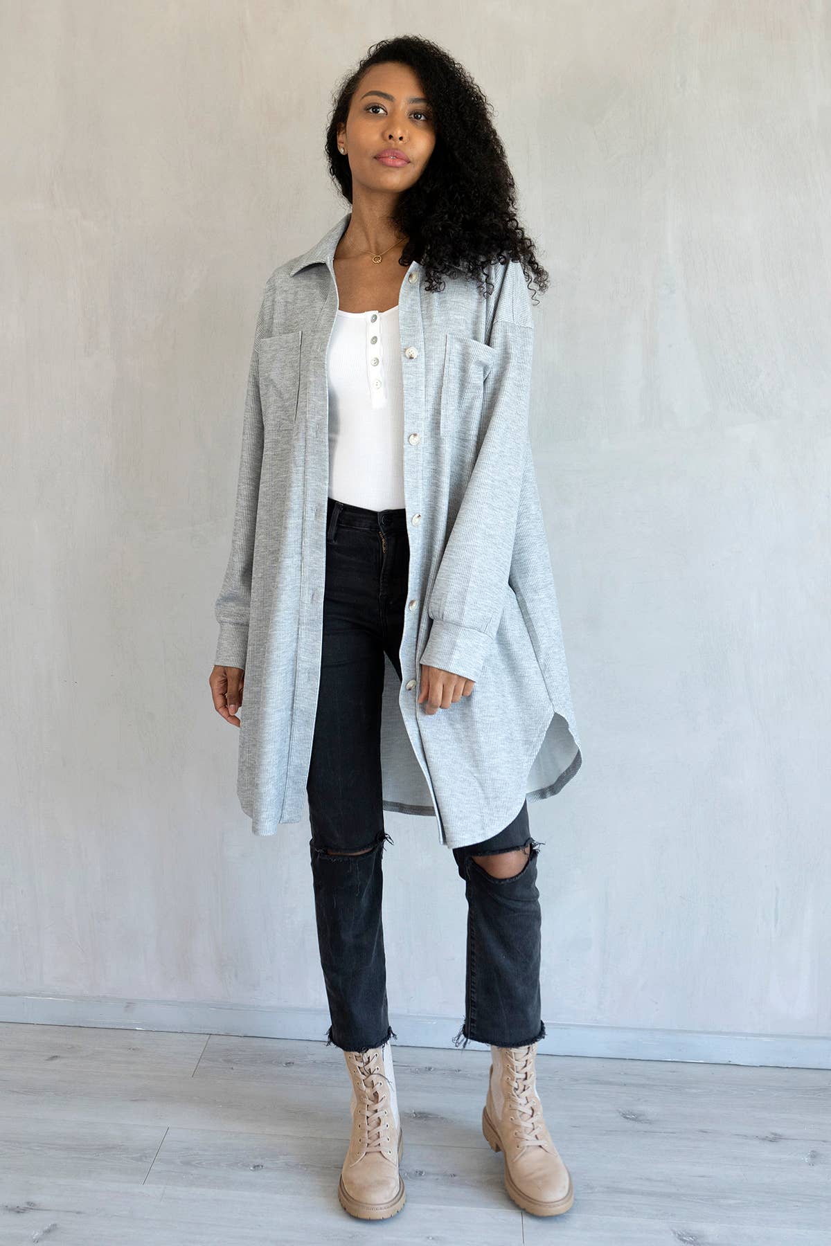 SKT2205 Edith Long Shacket with Pockets: Lt. Grey / S/M