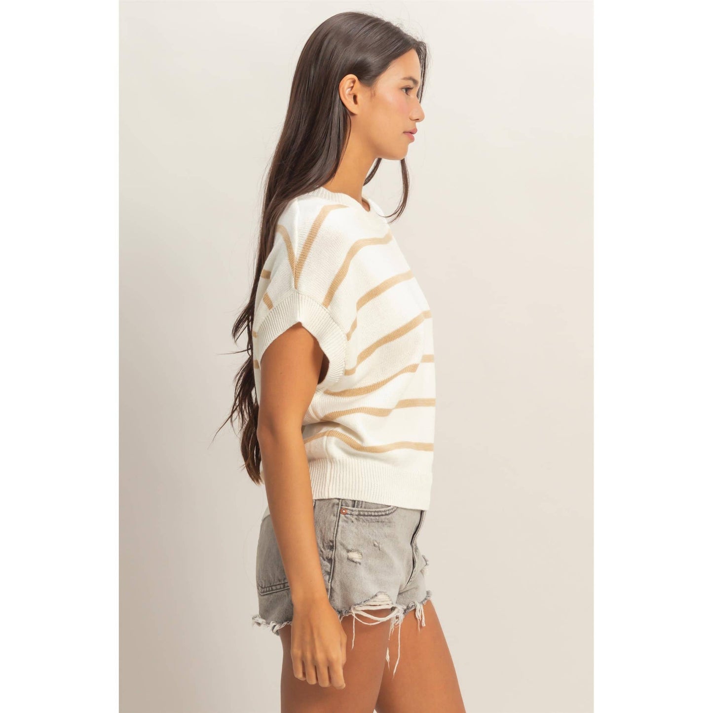 Striped Crew Neck Knit Top: BLACK / S-M-L(2-2-2)