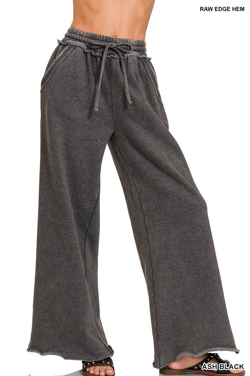 Acid Wash Fleece Palazzo Sweatpants With Pockets: BLACK / 2-2-2 (S-M-L)