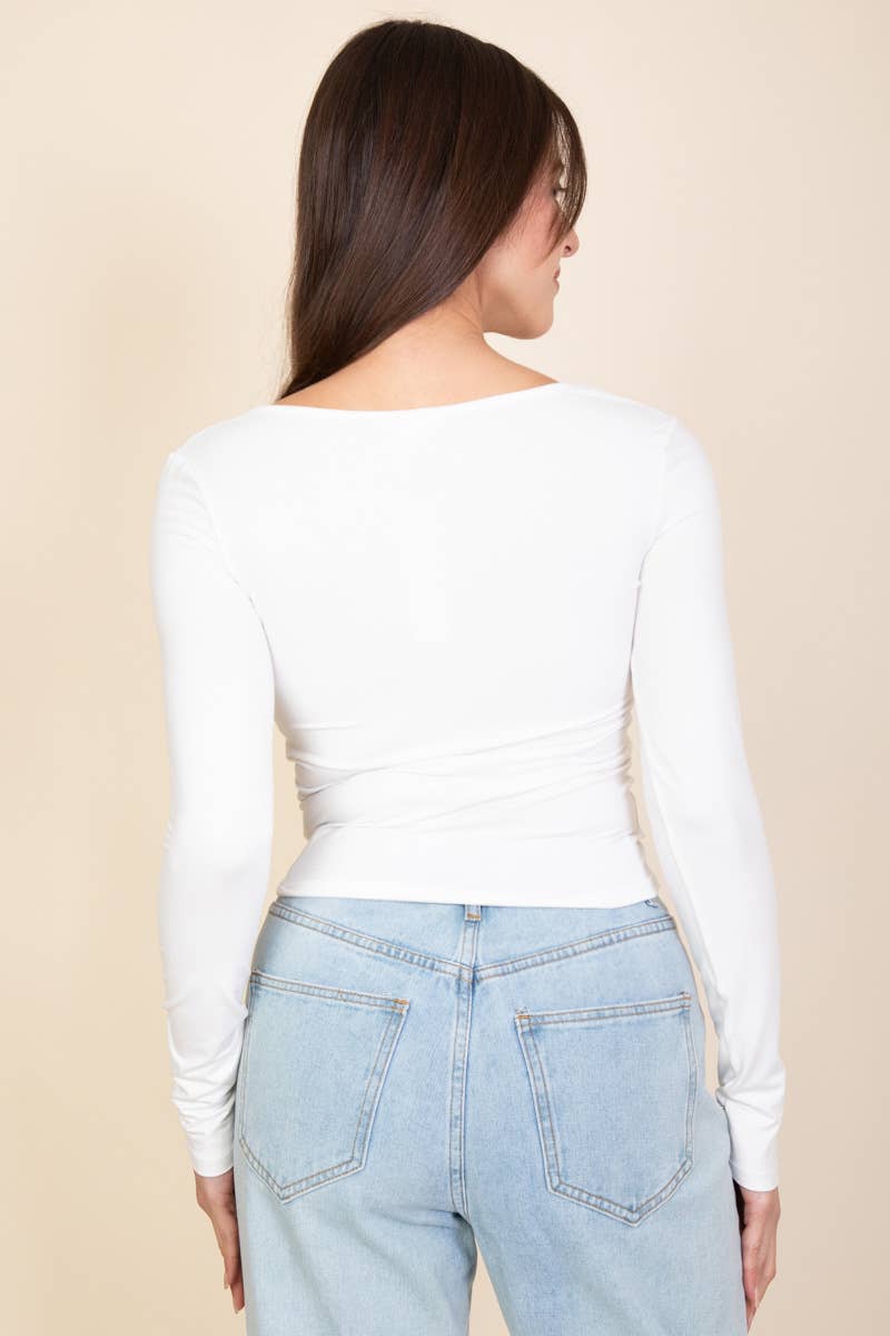 Square Neck Long Sleeve Top: RED / L