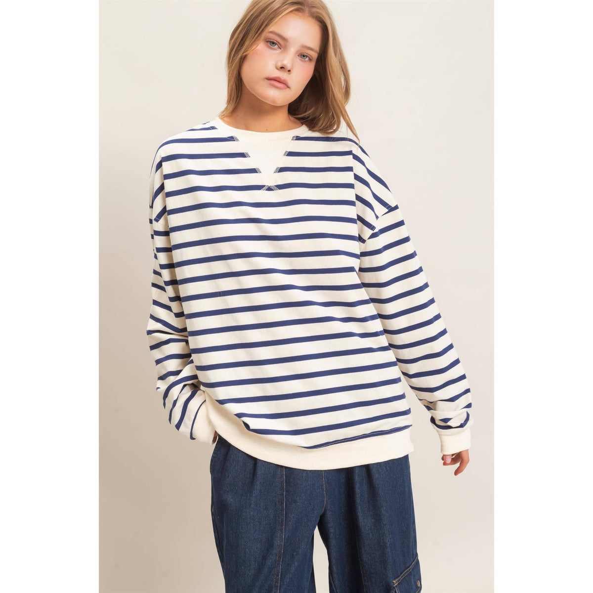 Striped Long Sleeve Pullover: GRAY/ECRU / S-M-L(2-2-2)