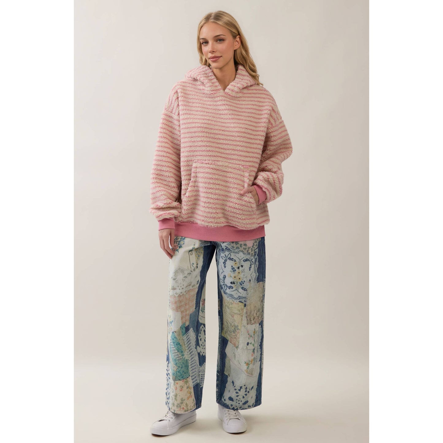 Teddy Striped Contrast Cozy Hoodie: Brown / M