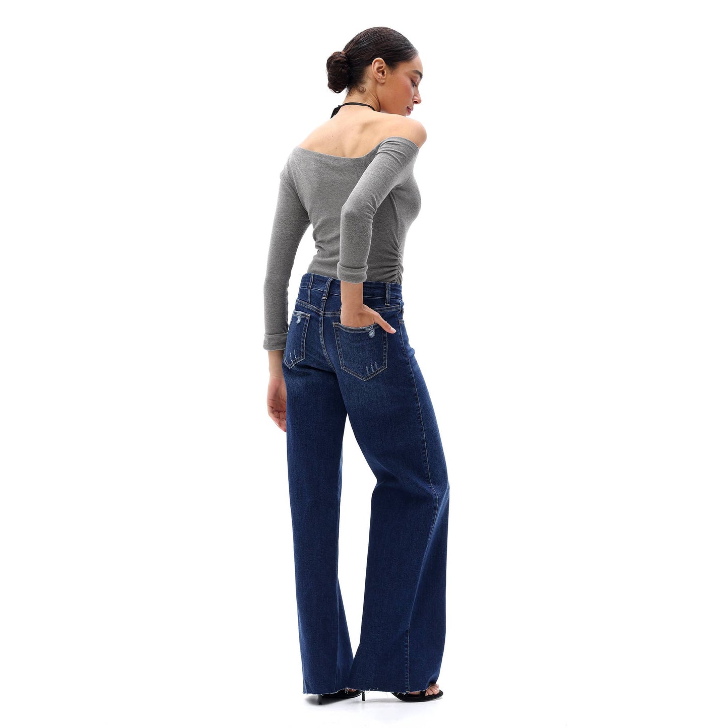 Mid Rise Wide Leg Jeans Raw Hem Vintage Distressed OSW8019: VINTAGE BLUE / 24