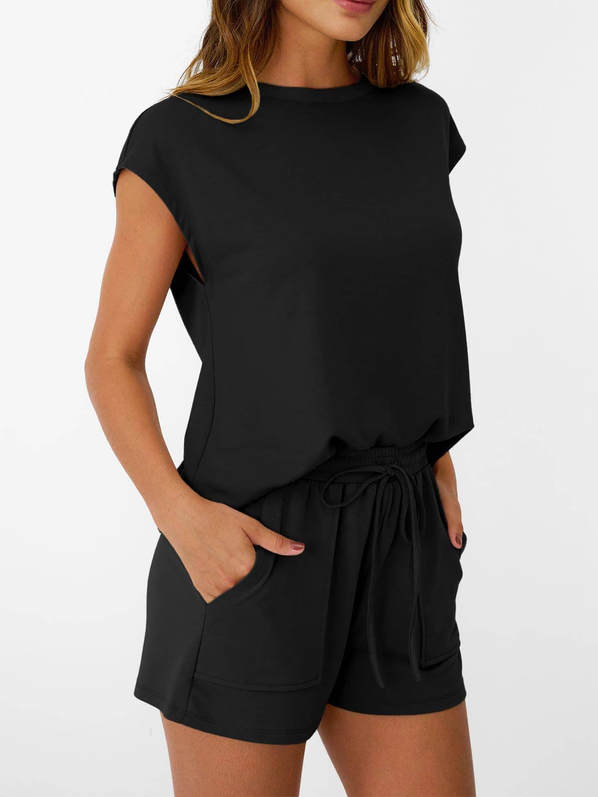 Casual Lounge Set Cap Sleeve Top Drawstring Shorts: Black / 65%Polyester+30%Viscose+5%Elastane / S