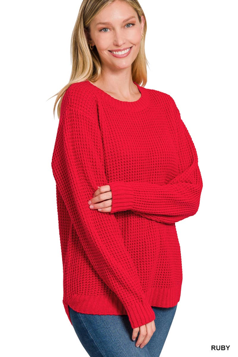 Hi-low Long Sleeve Round Neck Waffle Sweater: TURQUOISE / 1-1-1-1 (S-M-L-XL)