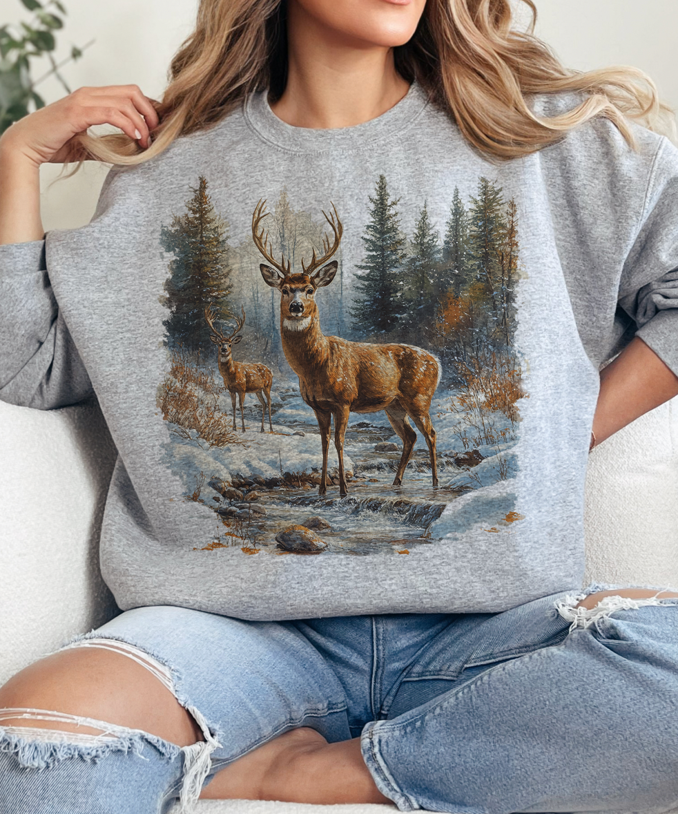 Retro Deer Scene - Cream - Sweatshirts & T-Shirts: Adult LARGE / Cream Sweatshirt