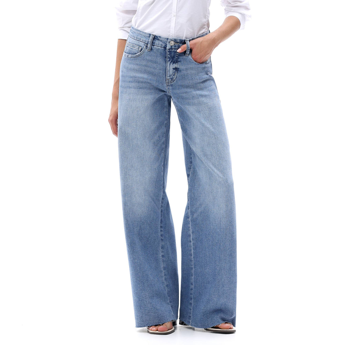 Mid Rise Wide Leg Jeans Raw Hem Vintage Distressed OSW8019: VINTAGE BLUE / 29
