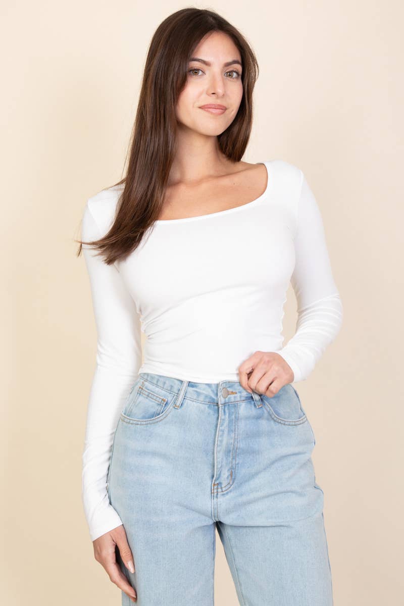 Square Neck Long Sleeve Top: BLACK / S