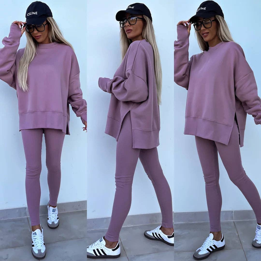 Oversized Sweatshirt and Leggings Two Piece Set: Blue / 100%Polyester / L