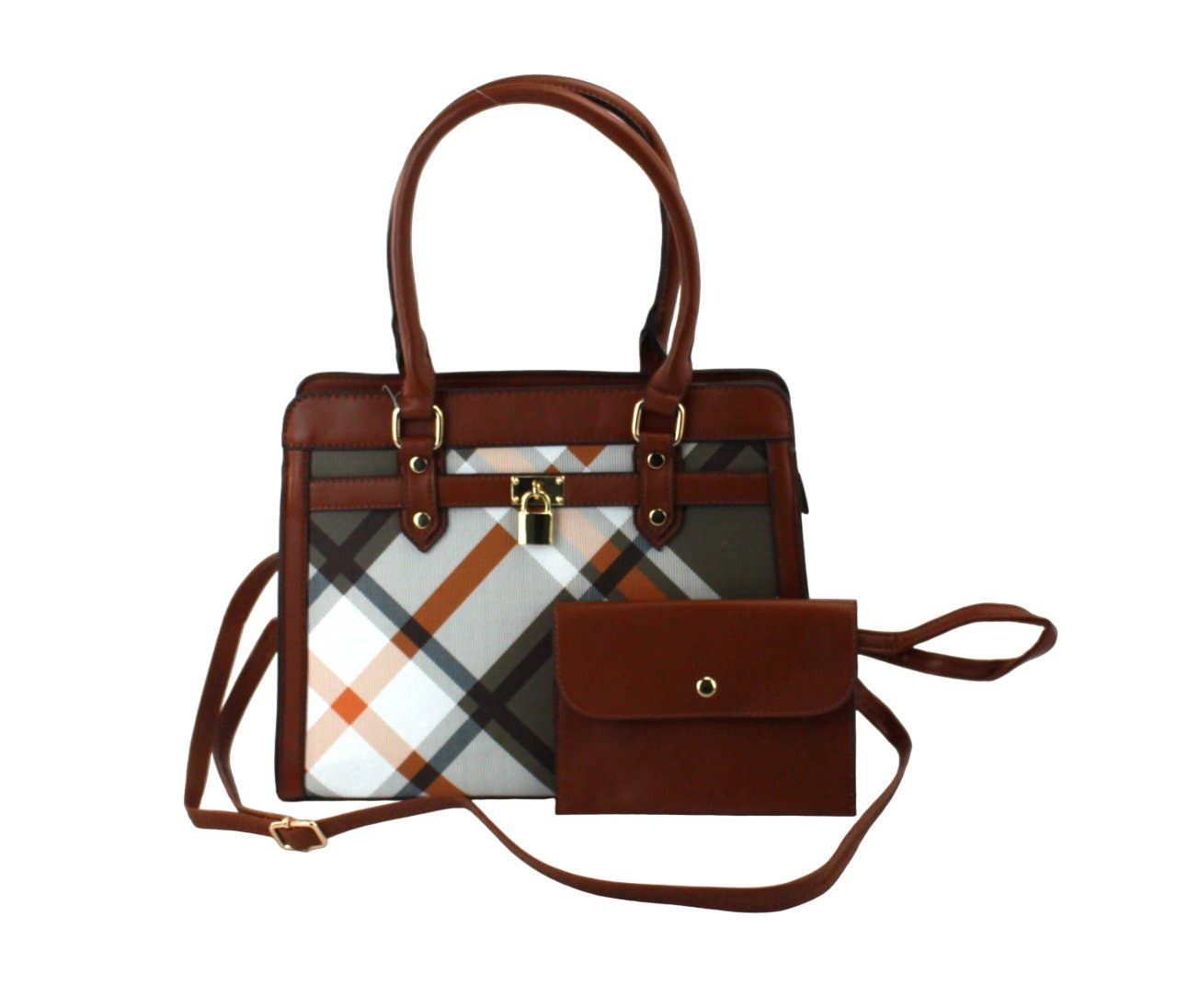 7867A - 2 in 1 PU Plaid Satchel with Wristlet: Black