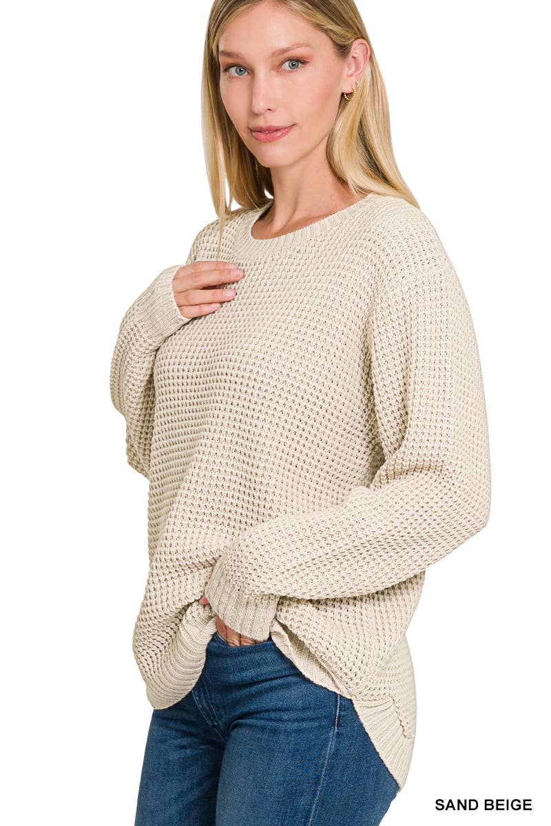 Hi-low Long Sleeve Round Neck Waffle Sweater: TURQUOISE / 1-1-1-1 (S-M-L-XL)