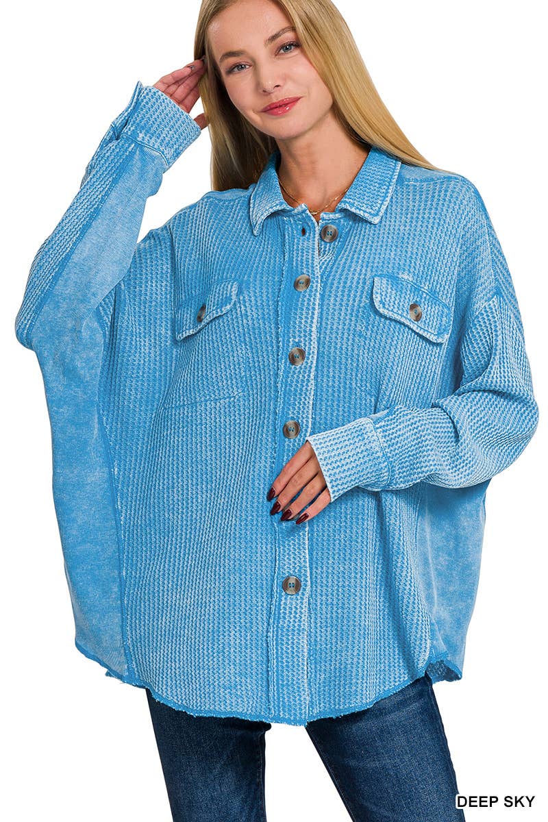 Acid Wash Oversized Cotton Waffle Shacket: DEEP SKY / 3-3 (S/M-L/XL)
