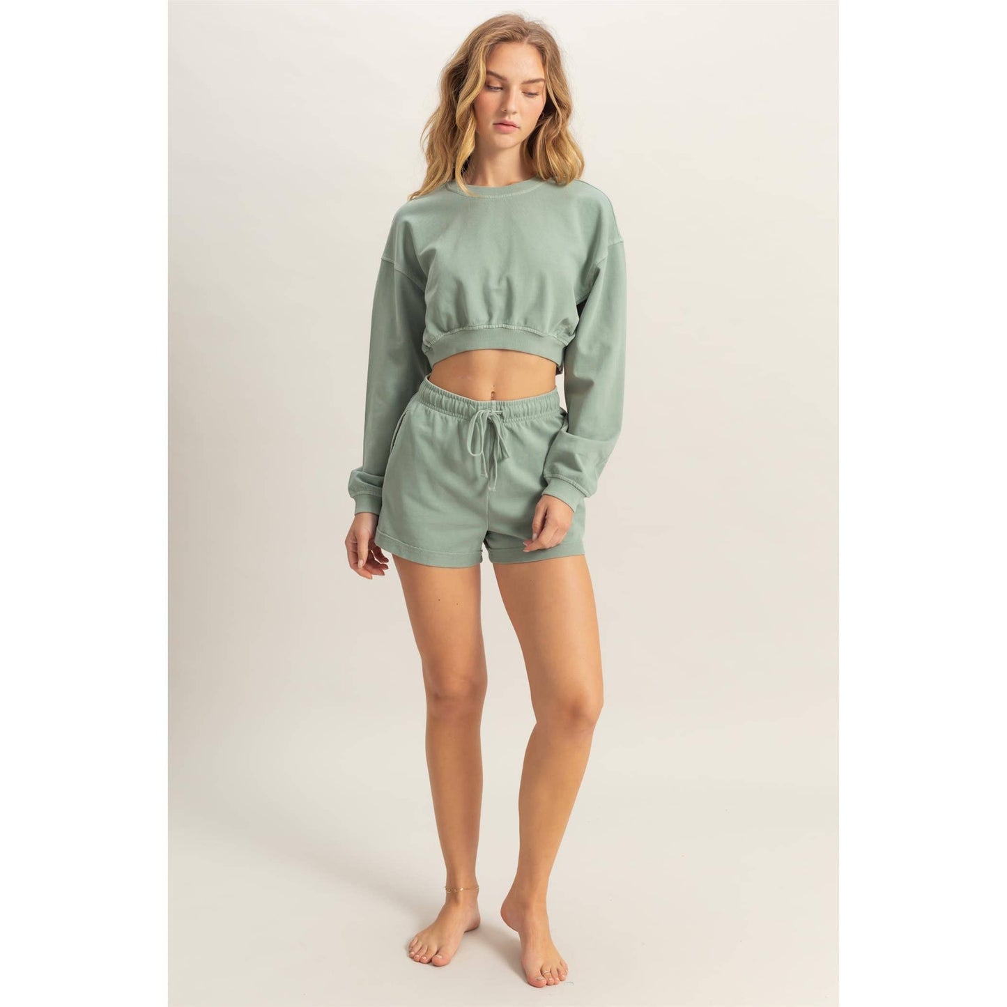 Crew Neck Long Sleeve Crop Sweatshirt: DUSTY INDIGO / S-M-L(2-2-2)